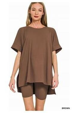 Zenana brushed dty microfiber 2 piece round neck shorts biker set Brown 2X